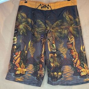 Rietveld Tiki Palms Swim Suit / Board Shorts. Black